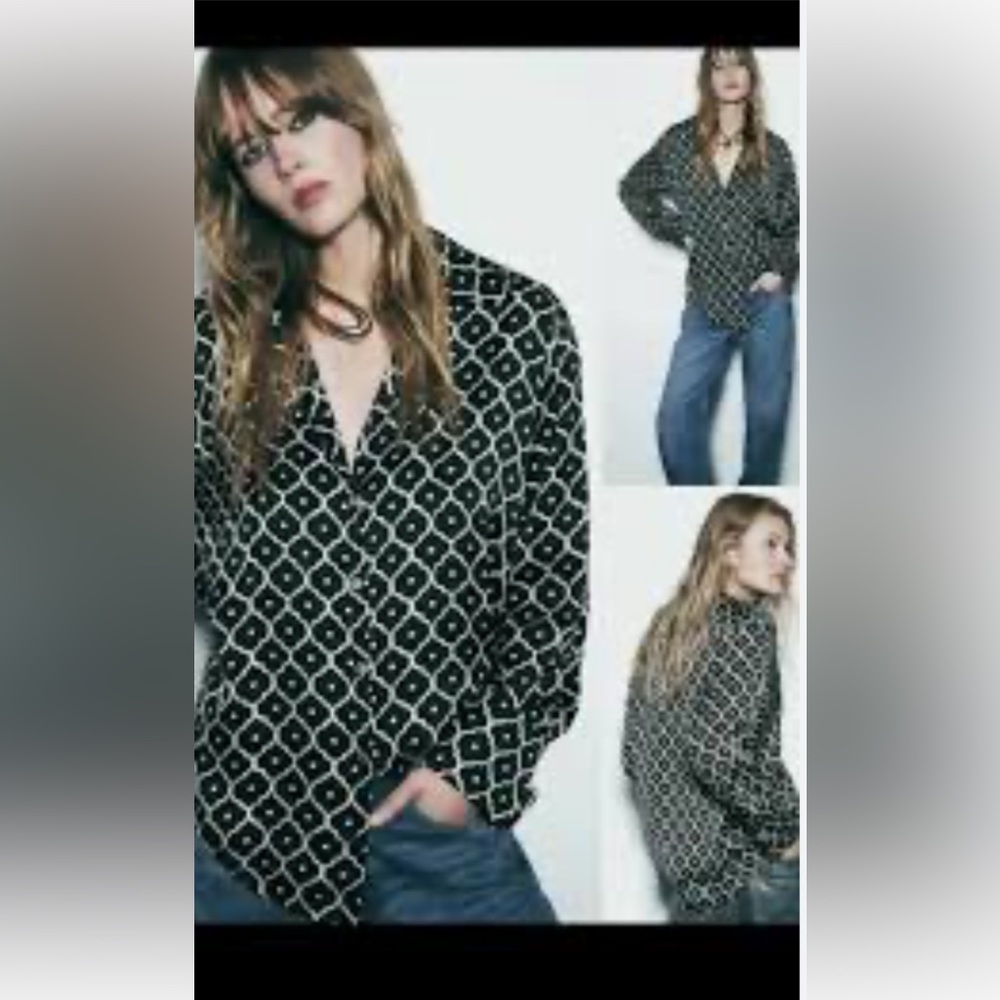 Zara Black and White Satin Button Down Blouse